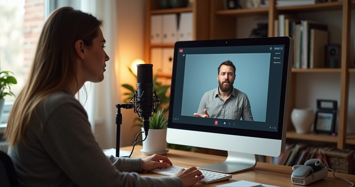 Profissional grava vídeo para curso digital em cenário de home office educativo. 