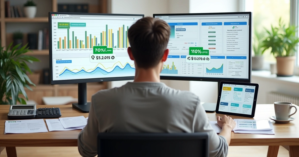 Empreendedor digital analisando gráficos de vendas de cursos online em ambiente minimalista 