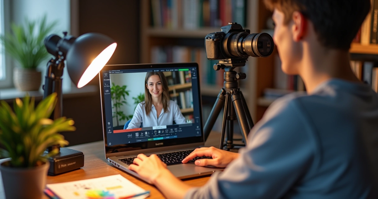 Instrutor gravando aula em estúdio caseiro 