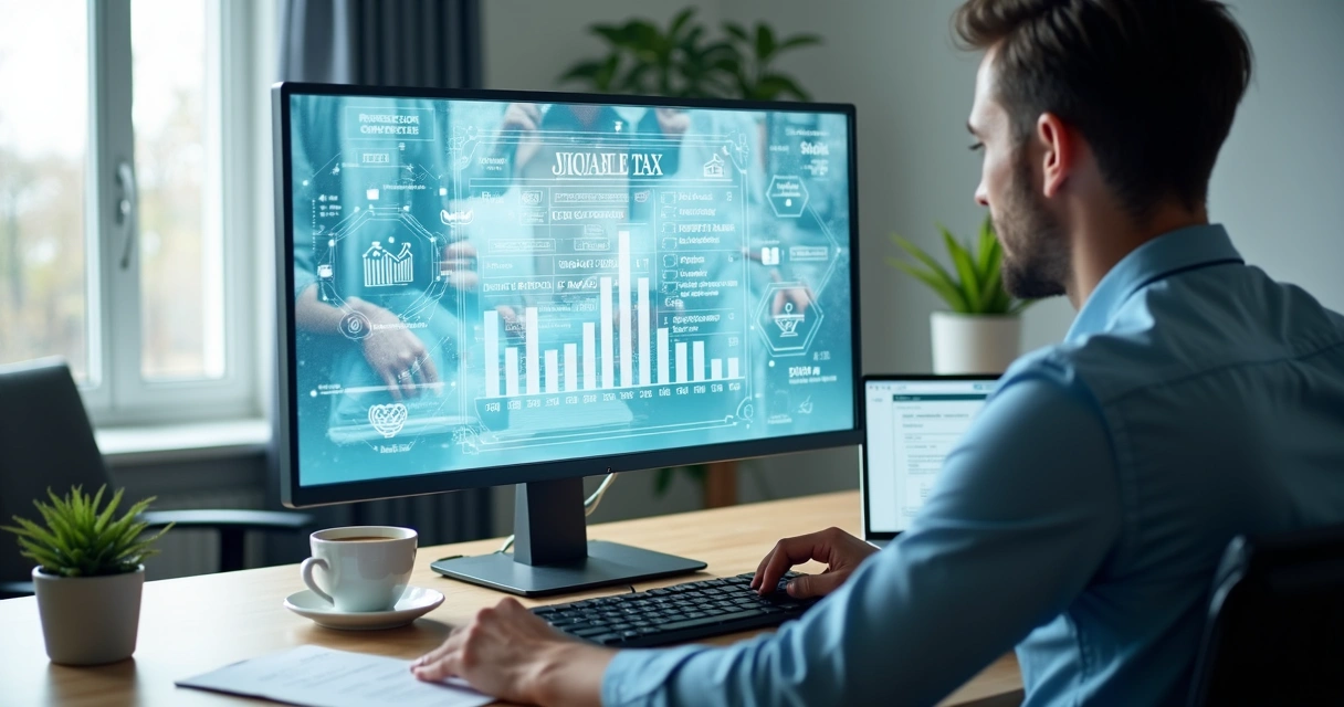 Ambiente digital com pessoa analisando notas fiscais e contratos digitais 
