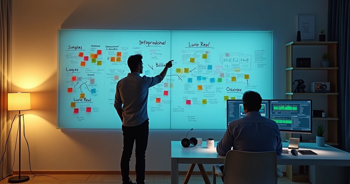 Infoprodutor organizando fluxos de renda digital em quadro de planejamento financeiro 