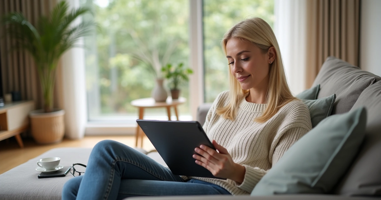 Mulher segurando e-book no tablet sentada em sala moderna 