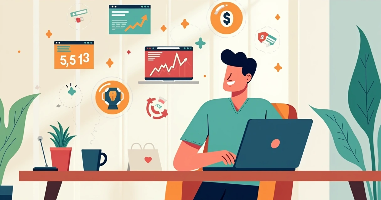 Empreendedor vendendo infoprodutos online em casa, celebrando vendas