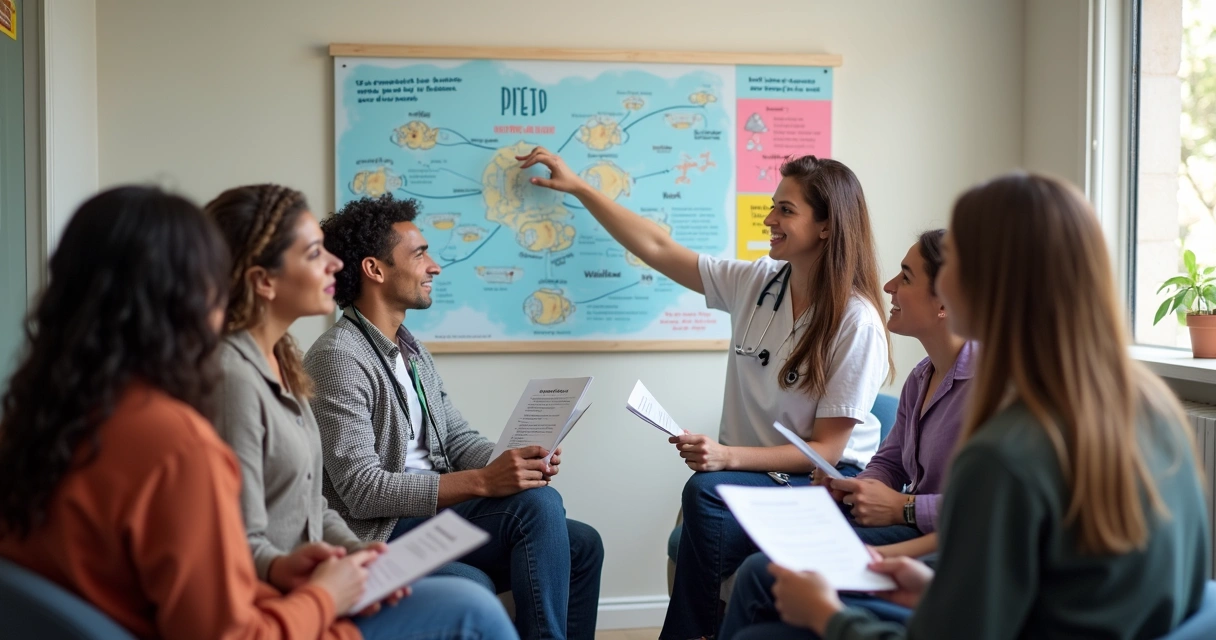 Grupo de pessoas conversando sobre prevenção ao HIV em ambiente educativo