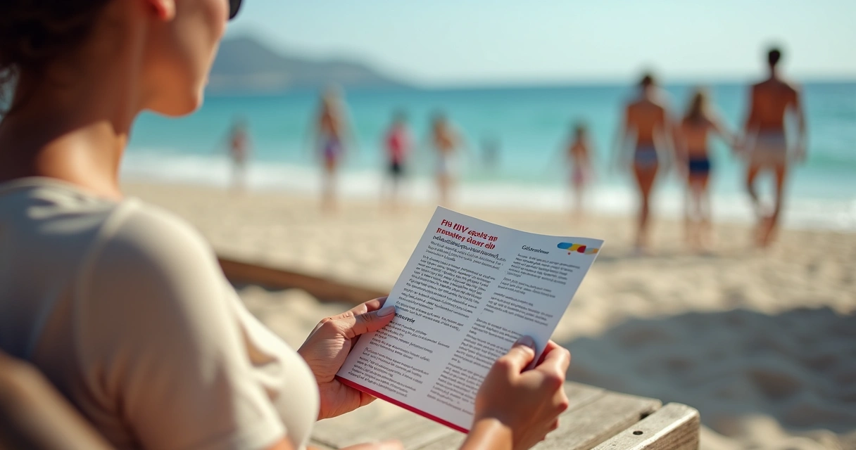 Mulher lendo folheto educativo sobre HIV sentada em banco de madeira na praia. 