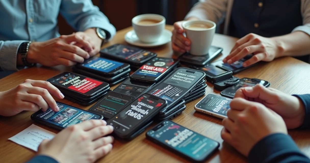 Pilha de celulares mostrando notícias diferentes lado a lado 