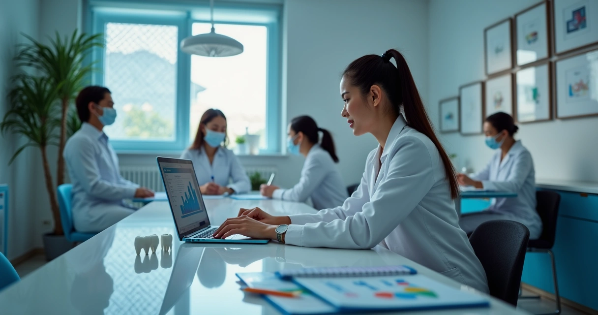 Gerente analisando relatórios de campanhas odontológicas em um laptop