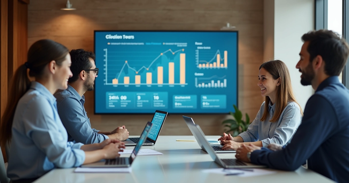 Equipe de hotel reunida revisando conteúdos digitais com gráficos de atualização e tela mostrando dados confiáveis. 