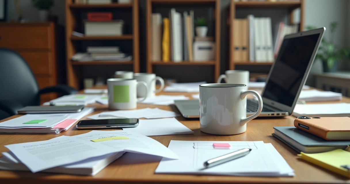 Papéis, notebooks e post-its bagunçados em mesa de escritório 