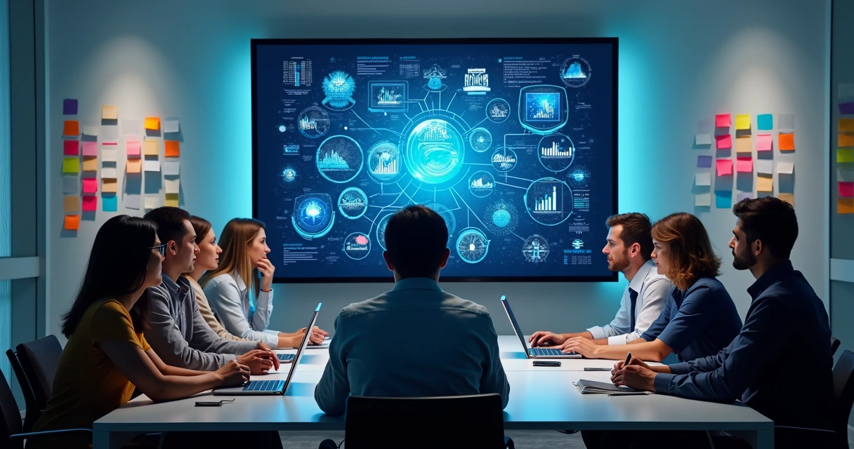 Equipe reunida em torno de tela com dados integrados 