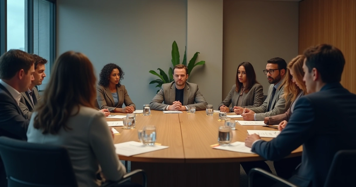 People gathered at a round table, some appearing more engaged while others are quieter 