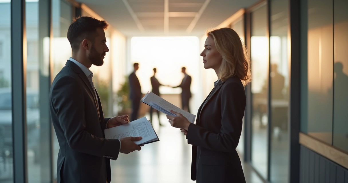 Two colleagues in a quiet office discussion before a decision