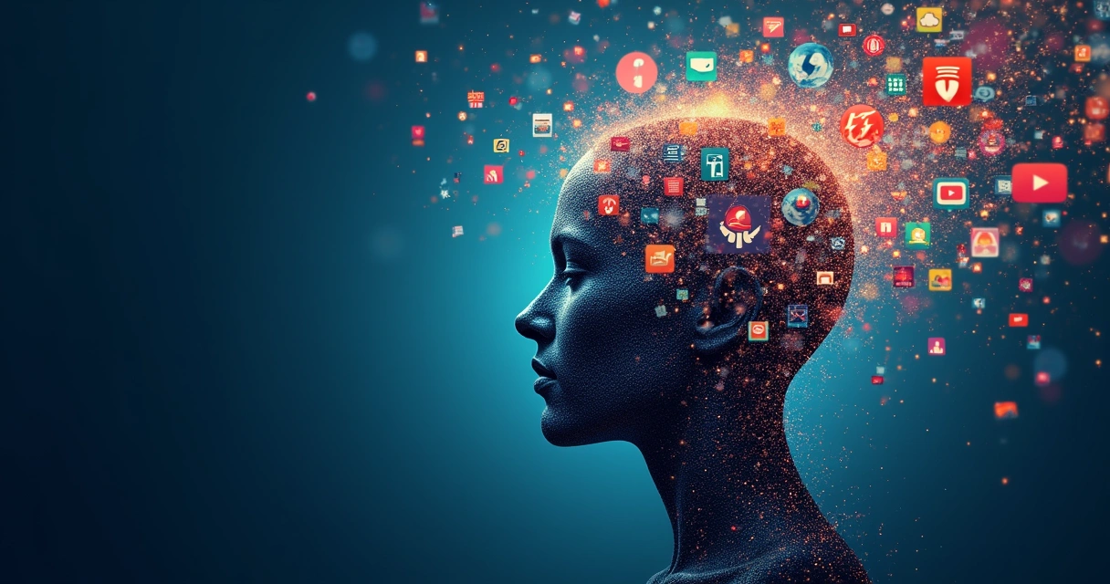 Abstract head surrounded by swirling information icons and data streams 