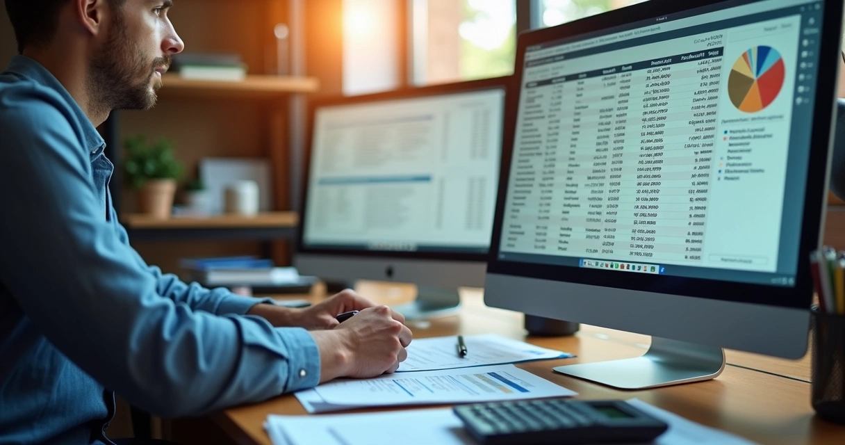 Contador analisando informes de lucros no escritório 