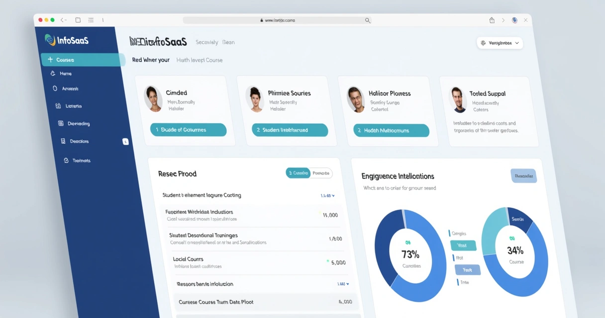 Dashboard de plataforma InfoSaaS exibindo cursos, progresso de alunos e dados de engajamento 