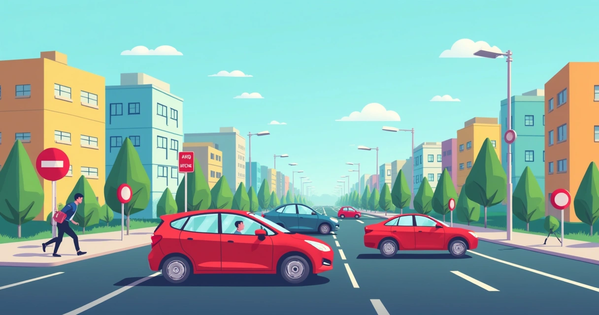 Cena de trânsito com carro em alta velocidade, motorista distraído com celular, e estacionamento irregular.