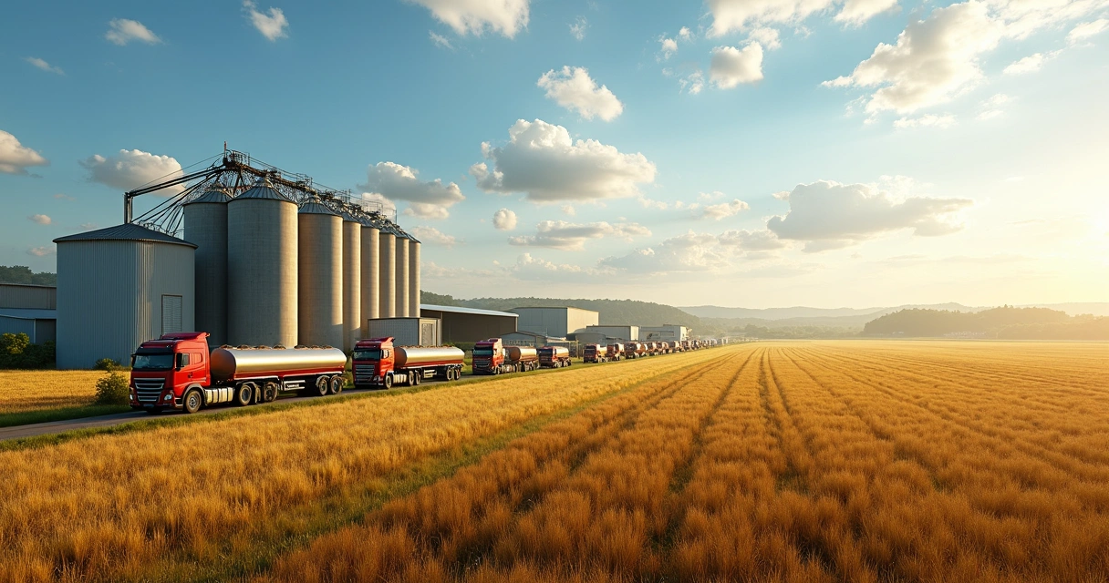 Estrutura agroindustrial com armazéns e caminhões no interior do Brasil 