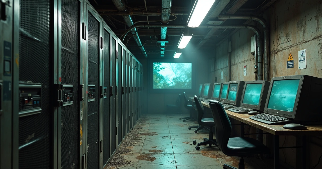 Sala de servidores antiga, com equipamentos envelhecidos e fios expostos. 