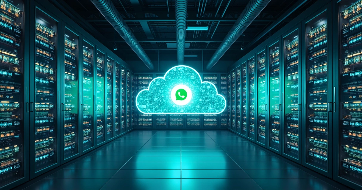 Servidor e painéis digitais representando infraestrutura de API do WhatsApp 