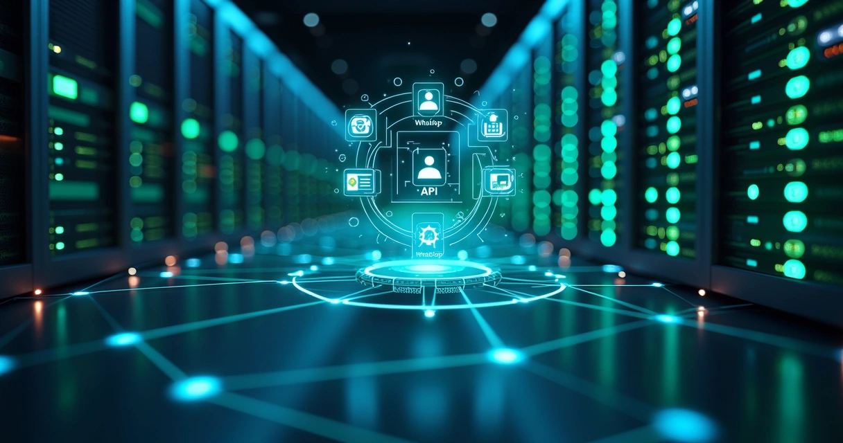 Visão ultra detalhada de infraestrutura digital com servidores isolados e conexões de API para WhatsApp em alta resolução 