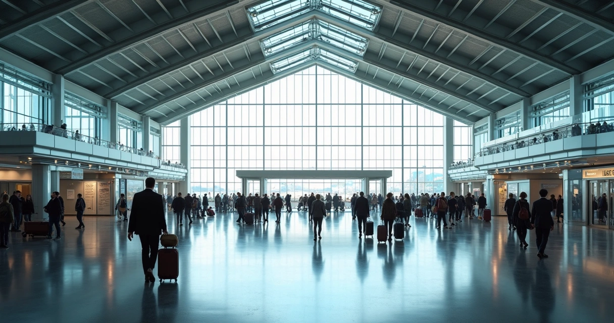Vista interna de aeroporto moderno com grandes vãos e estruturas metálicas 