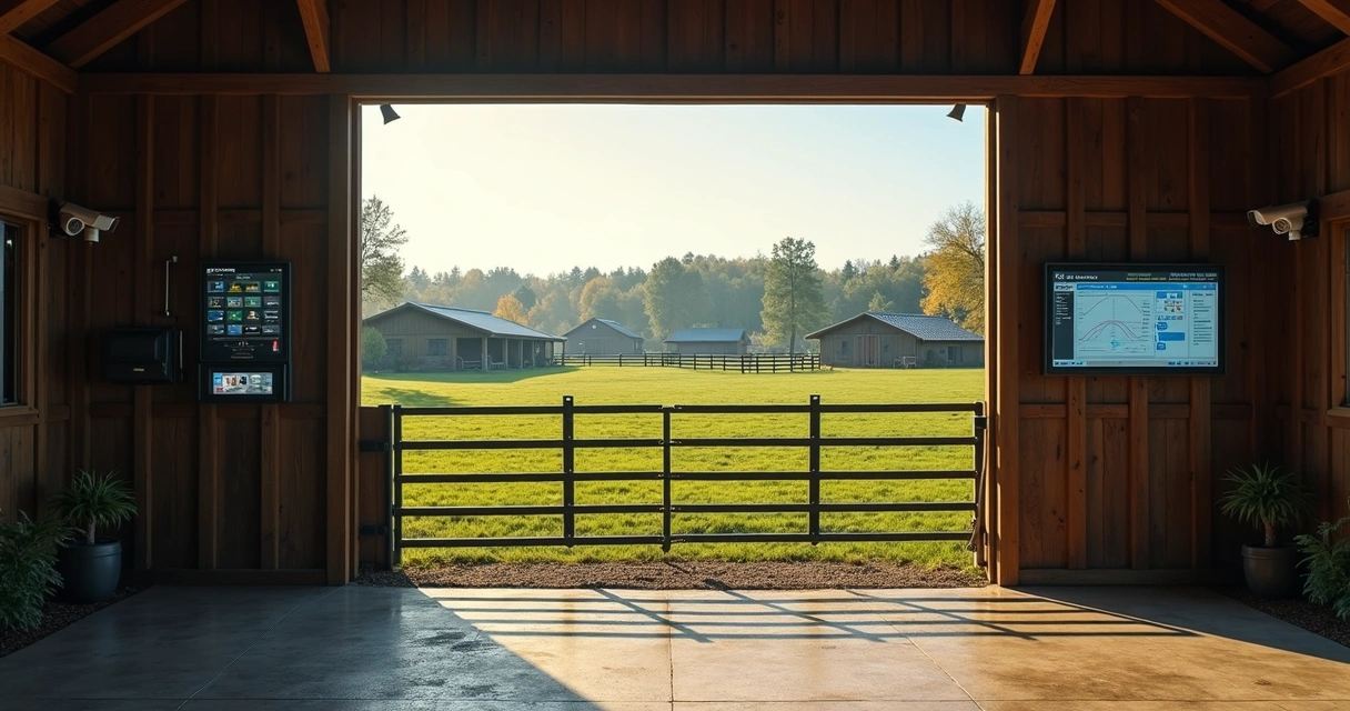 Controle digital de portão automatizado com pasto verde ao fundo 