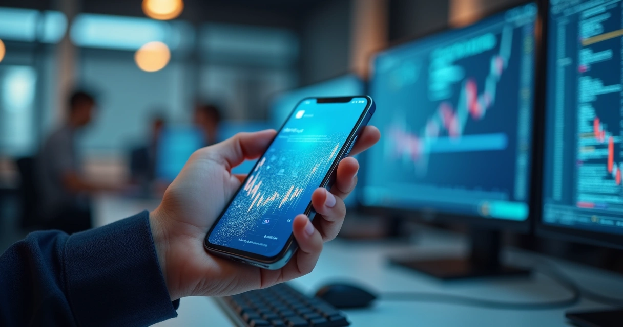 Mão segurando smartphone com interface de aplicativo bancário white label exibida na tela 