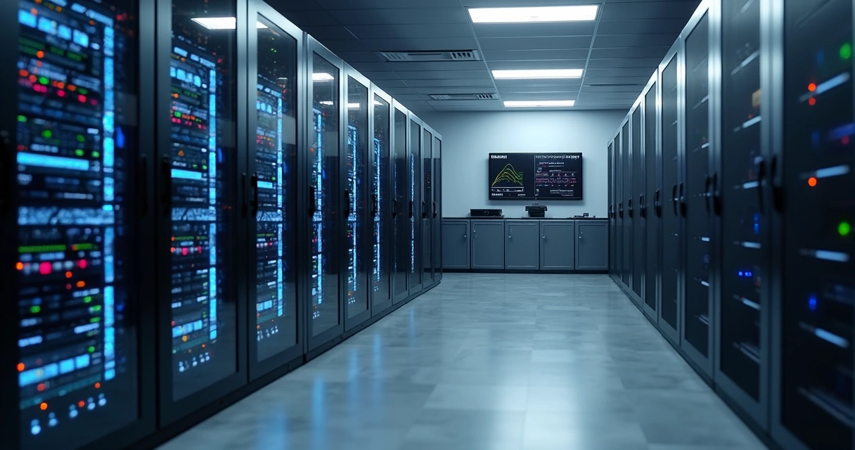 Sala de data center com racks e sistema BESS ao fundo. 