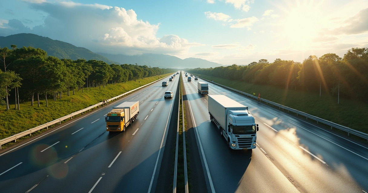 Rodovia brasileira em concessão, pista dupla, caminhões e carros seguindo em direção a horizonte ensolarado 