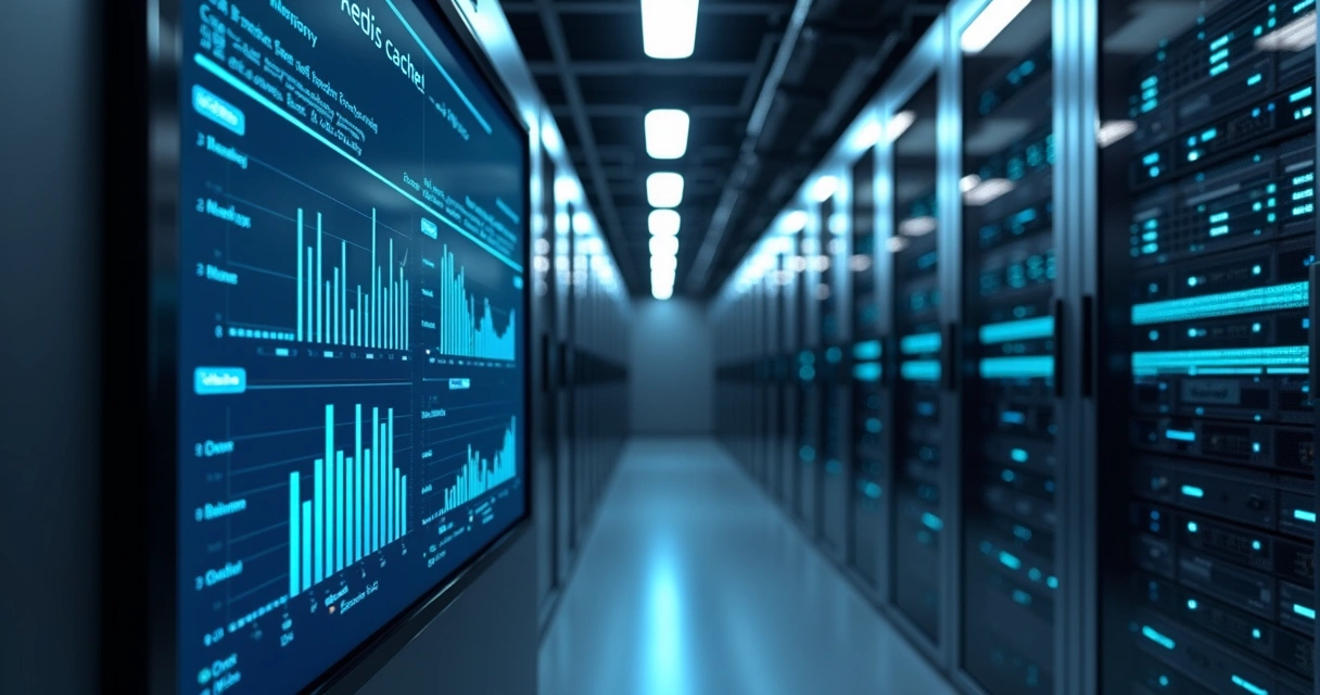 Servidor moderno com painel digital mostrando sistema de cache Redis em funcionamento 