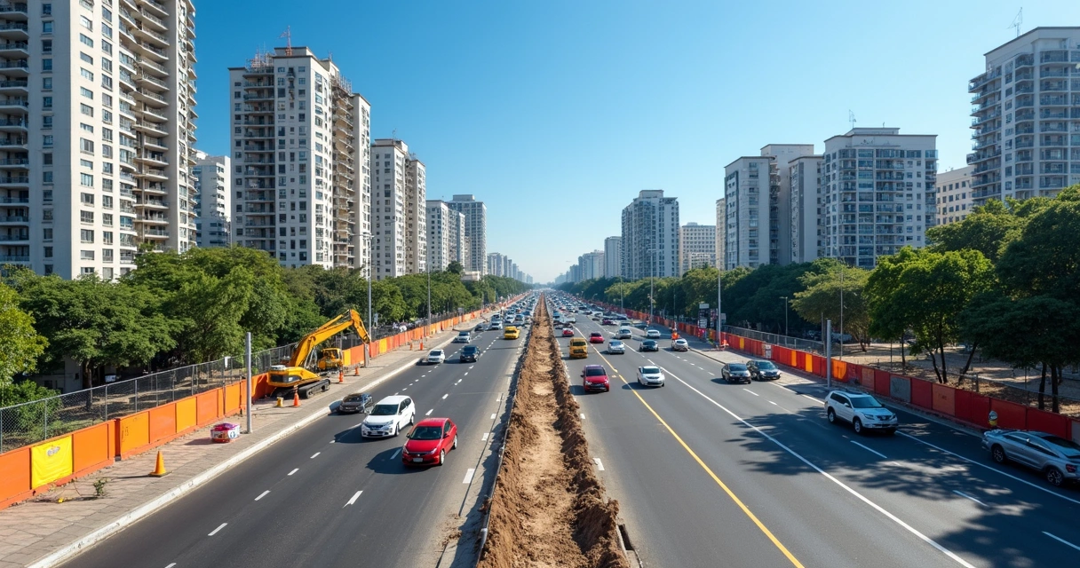 Avenida movimentada de Campinas com expansão urbana e obras públicas 