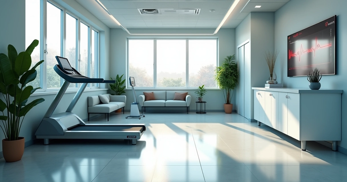 Sala moderna de clínica de cardiologia com equipamentos e esteira 