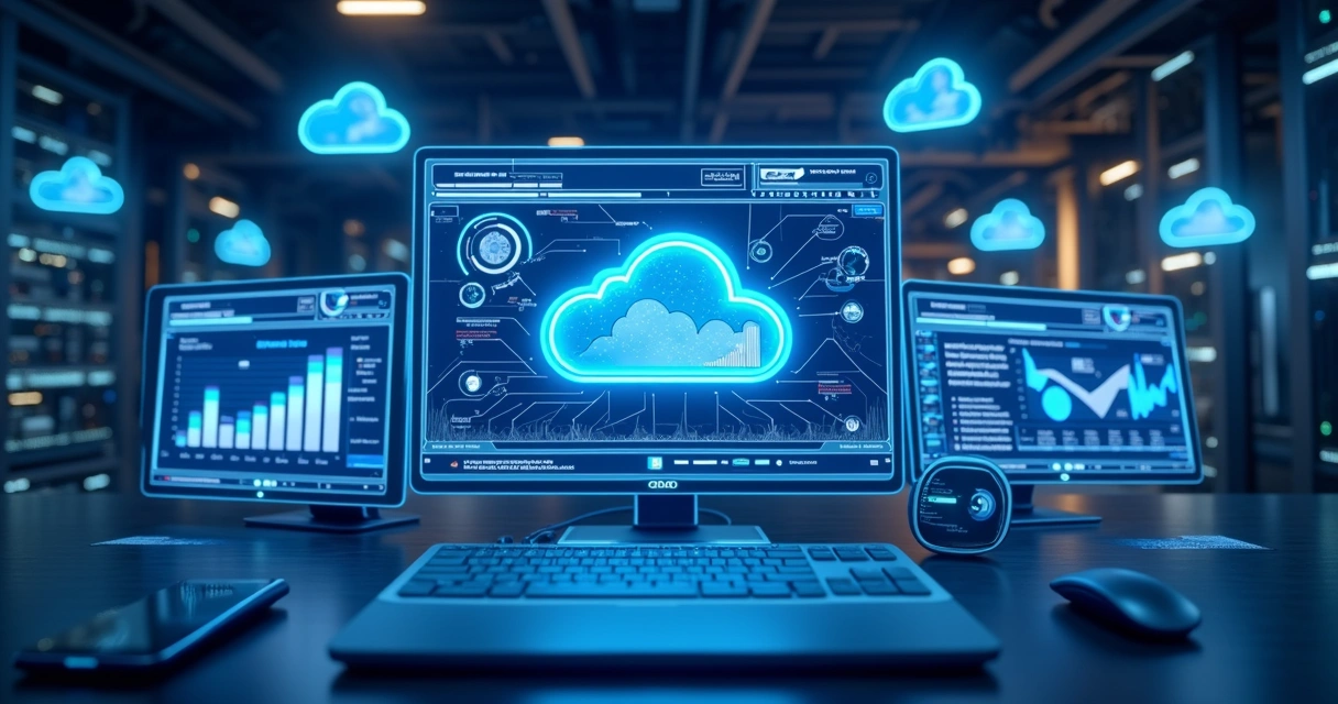 Interface moderna com dashboard digital exibindo servidores em nuvem conectados e gráficos de desempenho em alta resolução 