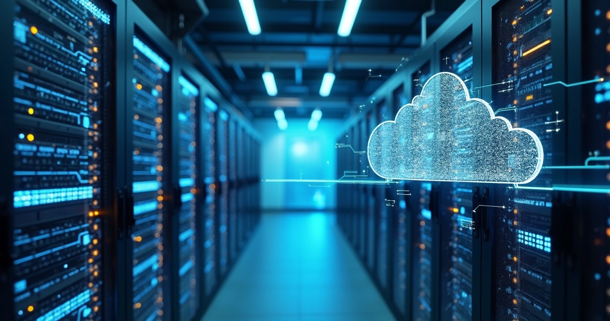 Servidor cloud digitalizado com conexões representando fluxo de IA generativa empresarial 