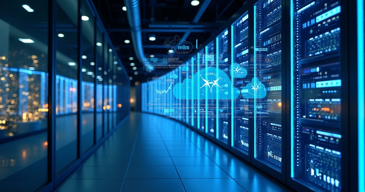 Servidor em nuvem moderno com luzes e ambiente tecnológico 