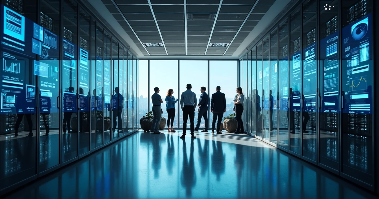 Ambiente de servidores em nuvem com dashboards de monitoramento e equipe de TI 