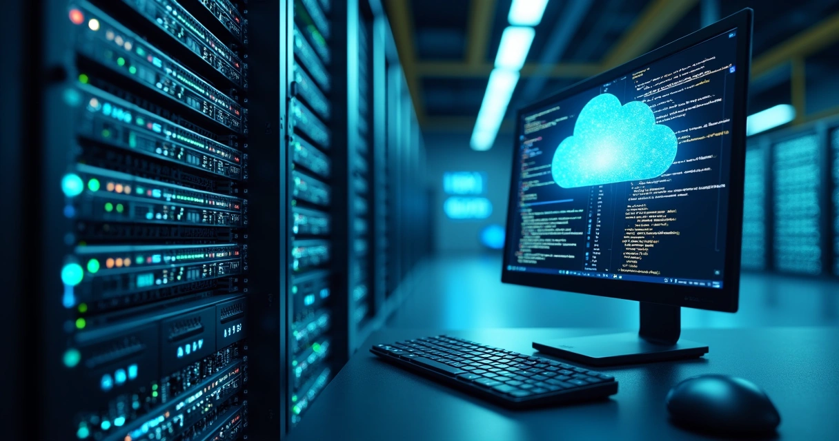 Infraestrutura de nuvem com servidores, nuvens digitais e códigos em tela de computador para hospedagem SaaS 