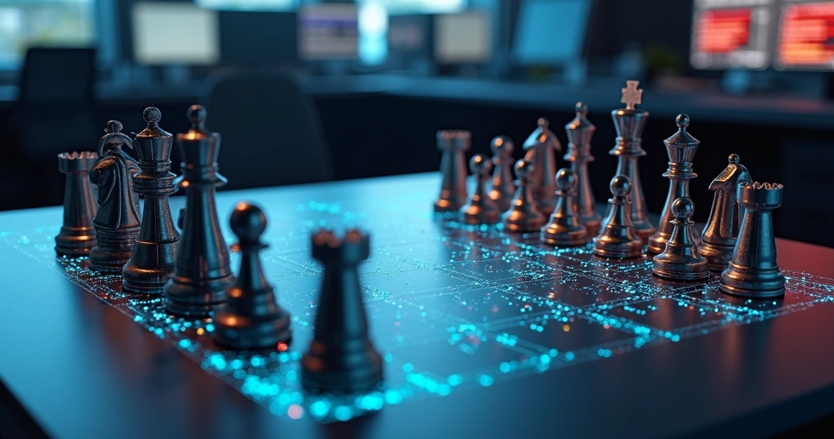 Tabuleiro de xadrez com infraestrutura de TI em forma de peças e código flutuando ao redor 