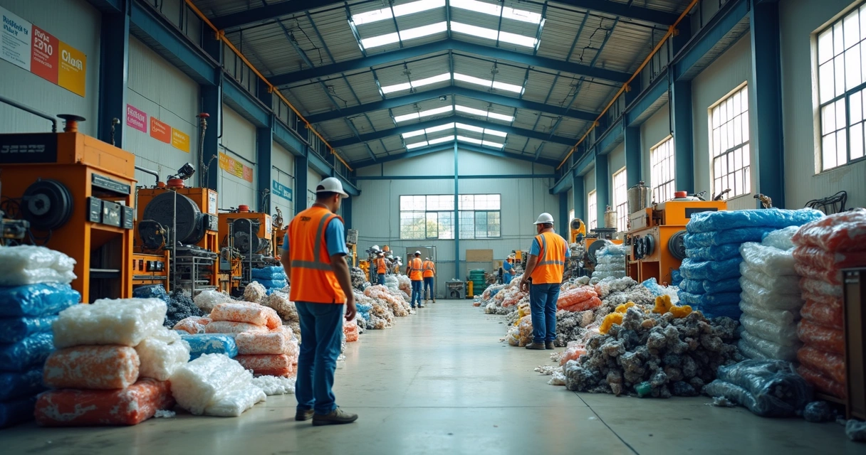 Galpão de reciclagem com prensas, fardos de materiais e catadores trabalhando