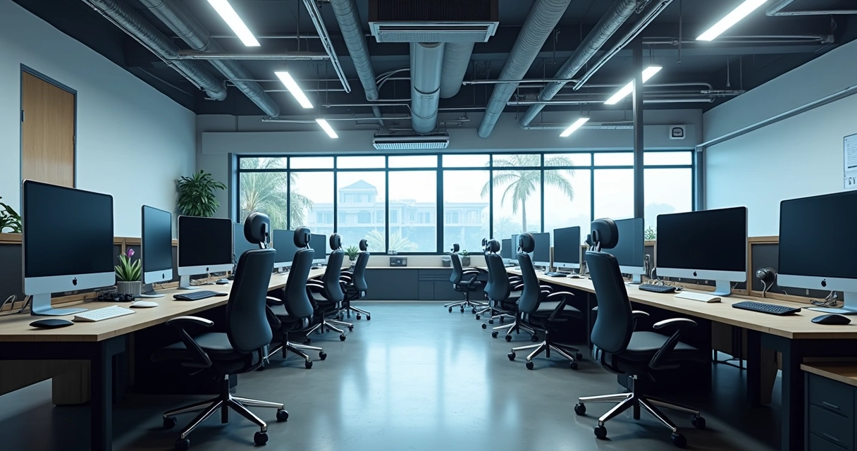 Infraestrutura coworking com internet rápida, monitores modernos e ar-condicionado individual.