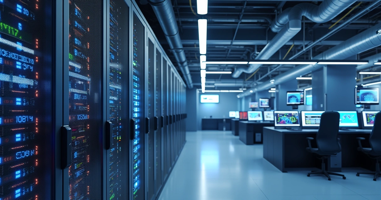 Sala de servidores de data center com racks iluminados, equipamentos de rede, sistemas de refrigeração e controle ambiental 