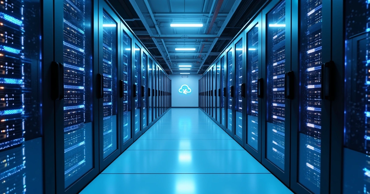 Servidor em data center moderno Tier III com luzes azuis e ambiente limpo 