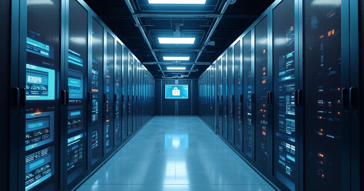 Sala de servidores de dados industriais com computadores e painéis de segurança digital 