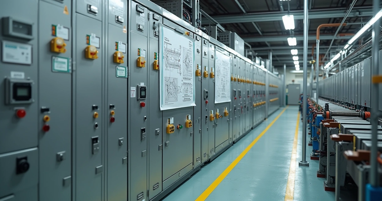 Painéis elétricos, PLC Siemens e sensores em linha de montagem automotiva