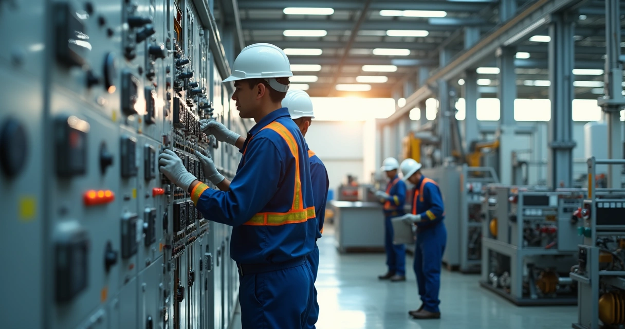 Equipe instalando infraestrutura elétrica em ambiente industrial 