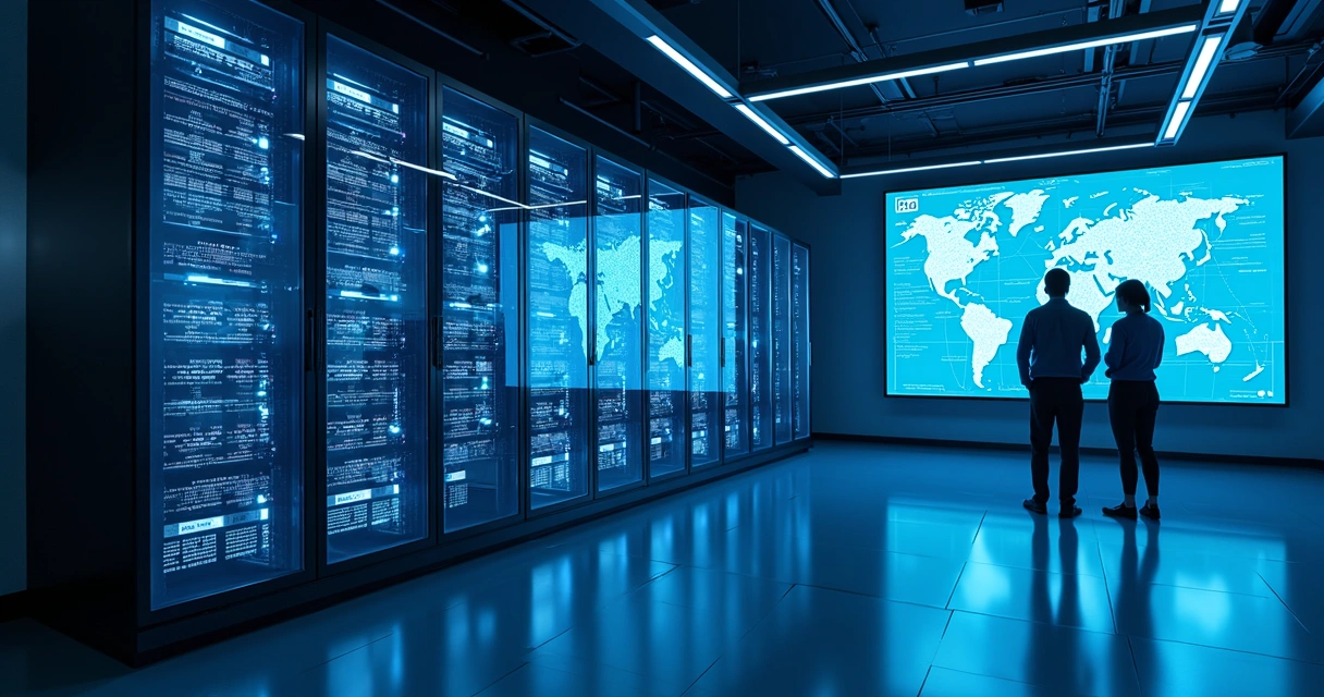 Ambiente corporativo com servidores e painéis de monitoramento de IA 