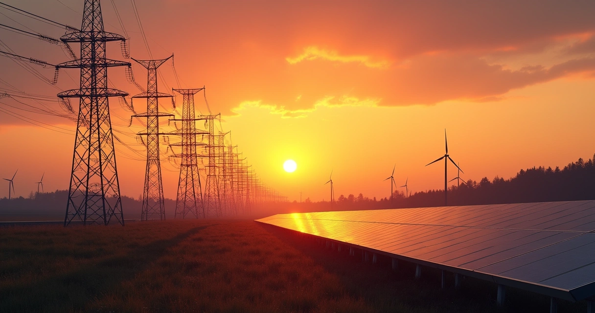 Linhas de transmissão modernas atravessando paisagem ao pôr do sol 