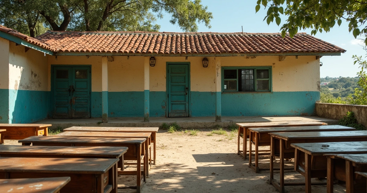 Escola brasileira com telhado antigo e poucas carteiras 