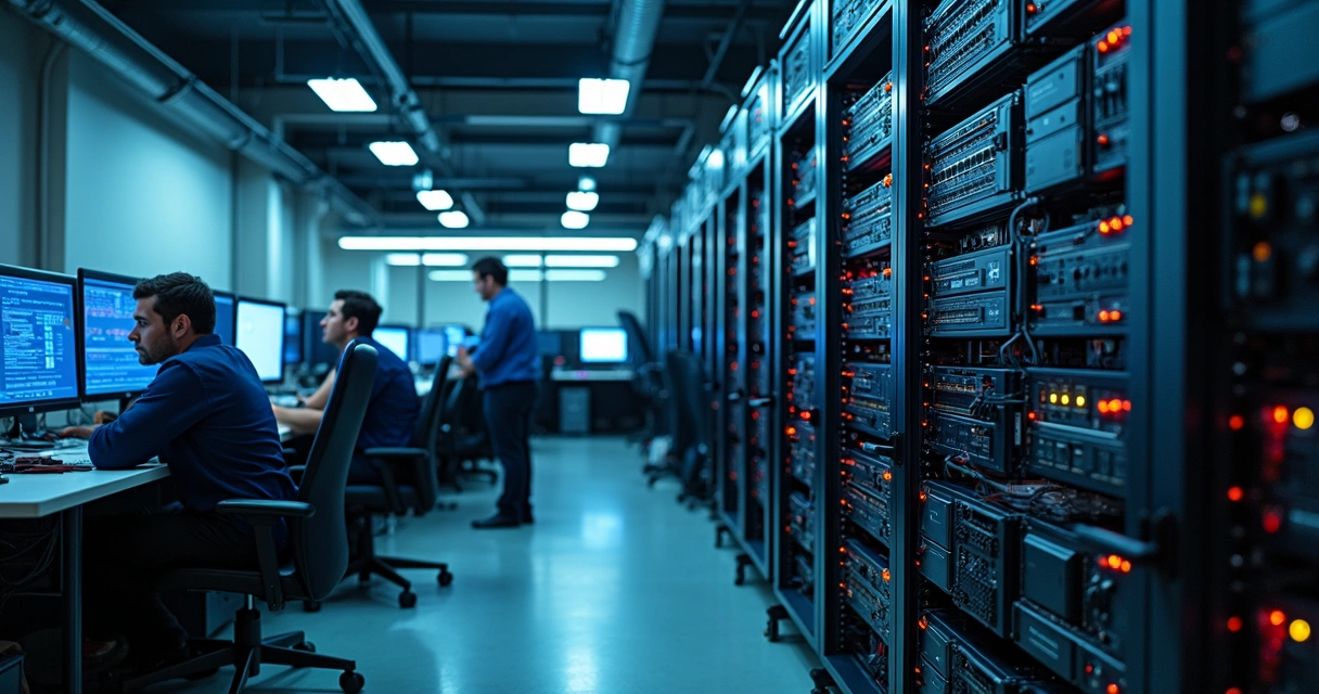 Rack de servidores, computadores e rede em escritório de contabilidade, ambiente limpo, fios organizados, profissionais atentos. 