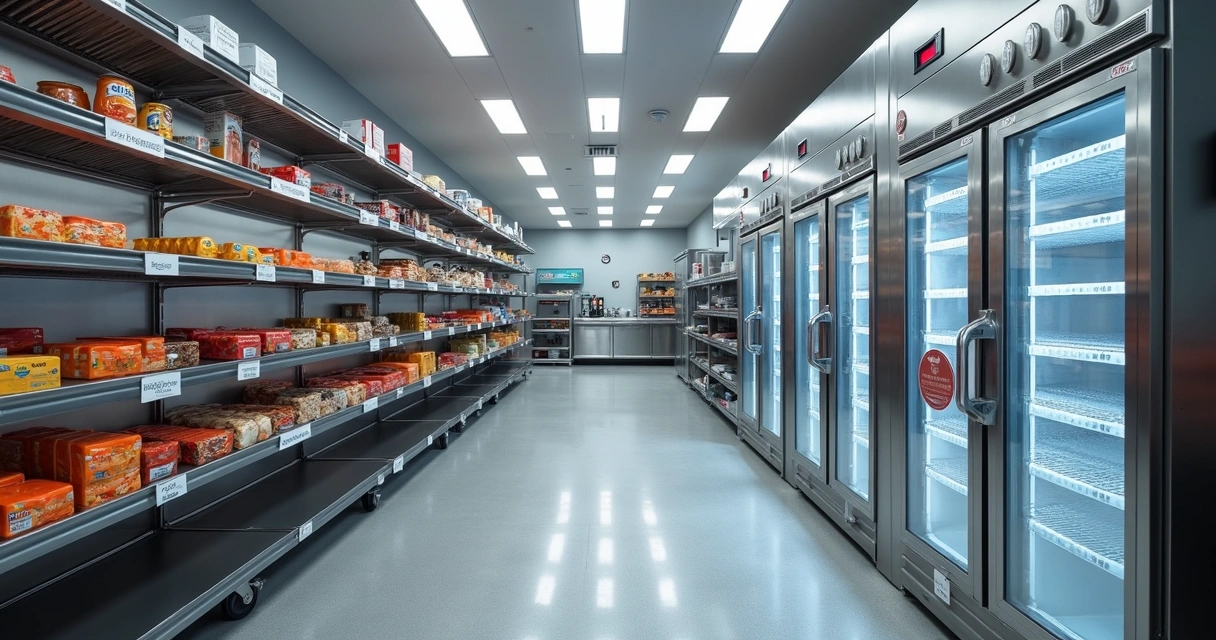 Área de estoque de restaurante com refrigeradores, prateleiras e itens organizados